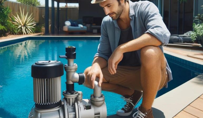 man beside pool inspecting pool pump